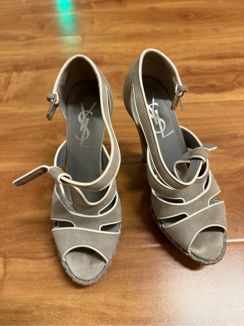 YSL Women's Grey Suede Strappy Heels